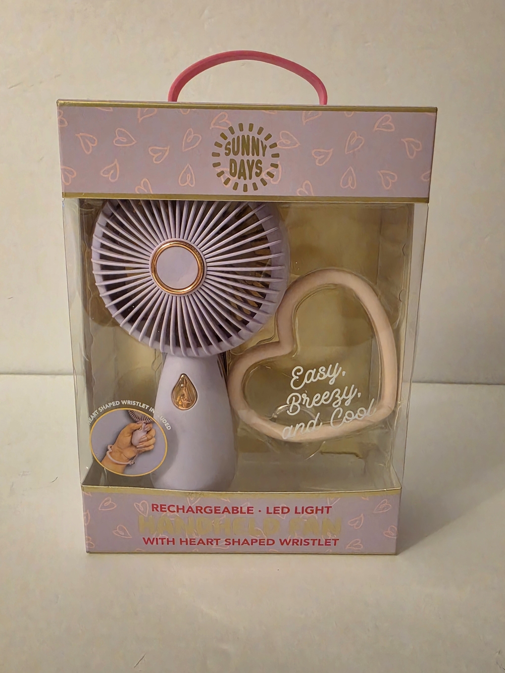 NWT Sunny Days Rechargeable Handheld Fan with Heart Wristlet Lavender Size 6" H